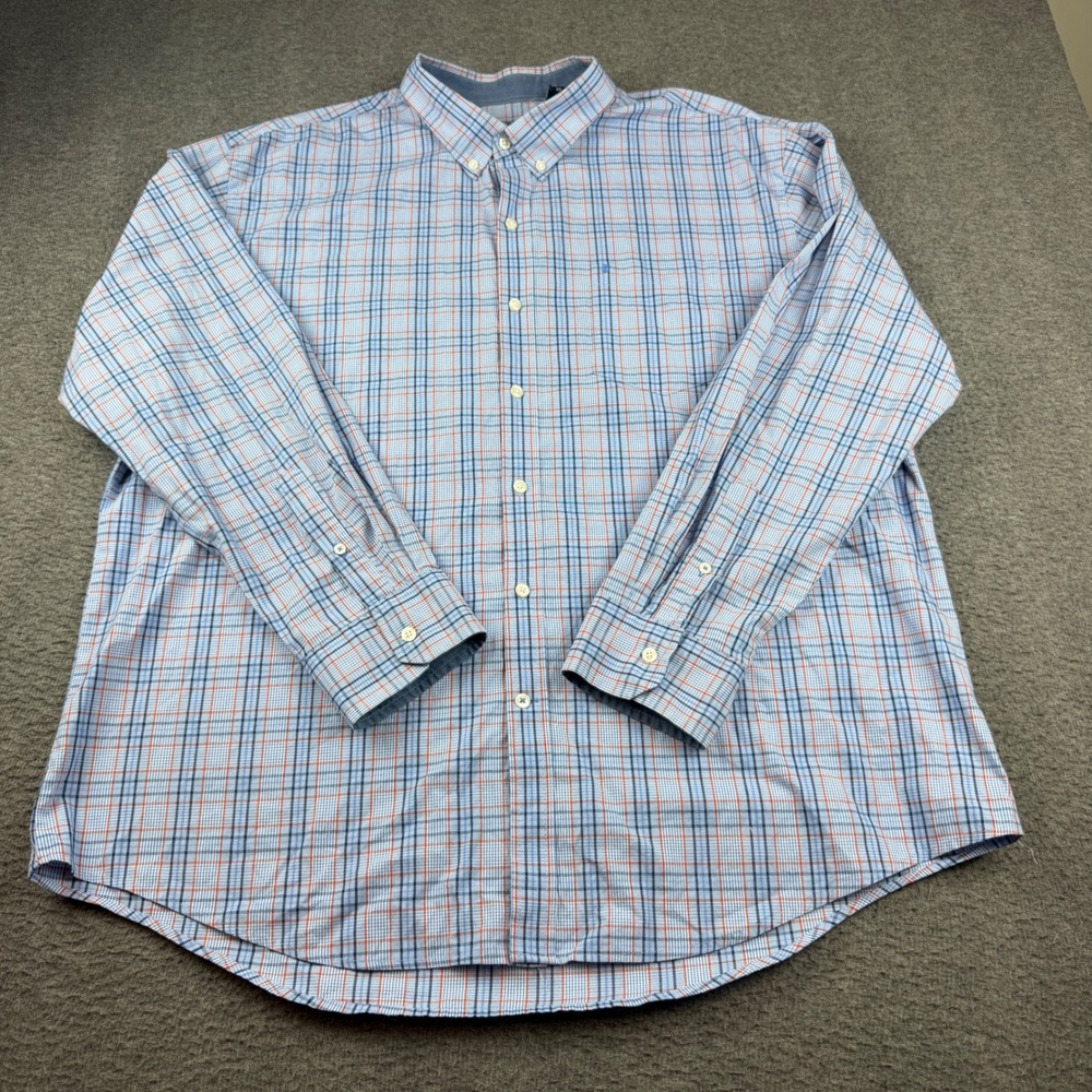 IZOD Button Down Shirt Men's XXL Blue Orange Plaid Long Sleeve Cotton Blend